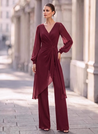 Jumpsuit/Pantsuit V-Neck Long Sleeves Floor-Length Chiffon Evening Dresses With Appliques Lace