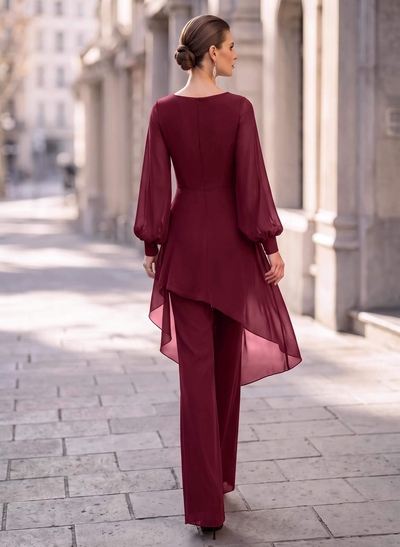 Jumpsuit/Pantsuit V-Neck Long Sleeves Floor-Length Chiffon Evening Dresses With Appliques Lace