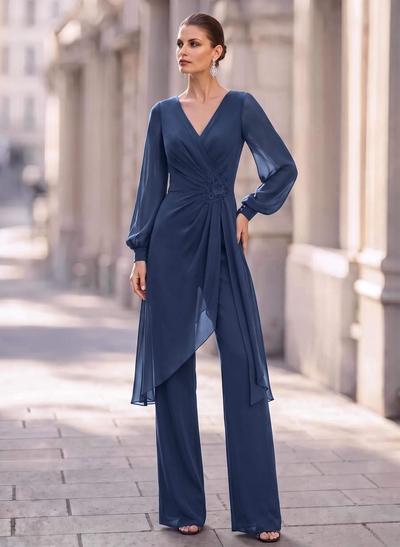 Jumpsuit/Pantsuit V-Neck Long Sleeves Floor-Length Chiffon Evening Dresses With Appliques Lace