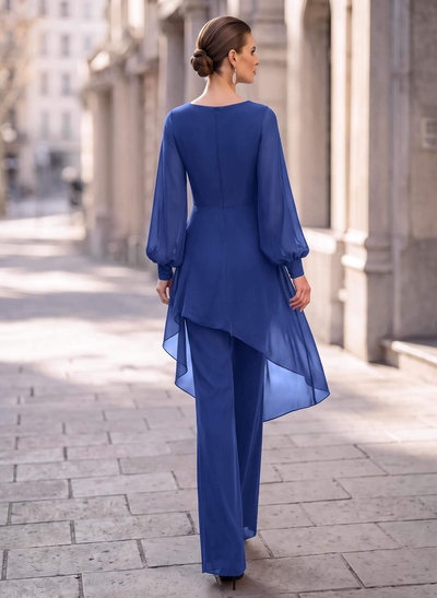 Jumpsuit/Pantsuit V-Neck Long Sleeves Floor-Length Chiffon Evening Dresses With Appliques Lace