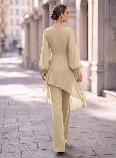 Jumpsuit/Pantsuit V-Neck Long Sleeves Floor-Length Chiffon Evening Dresses With Appliques Lace