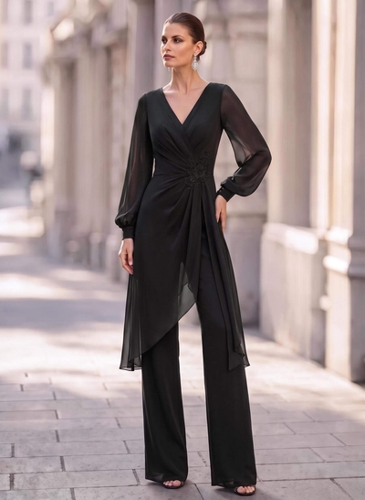 Jumpsuit/Pantsuit V-Neck Long Sleeves Floor-Length Chiffon Evening Dresses With Appliques Lace