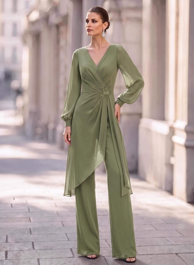 Jumpsuit/Pantsuit V-Neck Long Sleeves Floor-Length Chiffon Evening Dresses With Appliques Lace