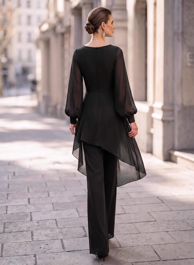 Jumpsuit/Pantsuit V-Neck Long Sleeves Floor-Length Chiffon Evening Dresses With Appliques Lace