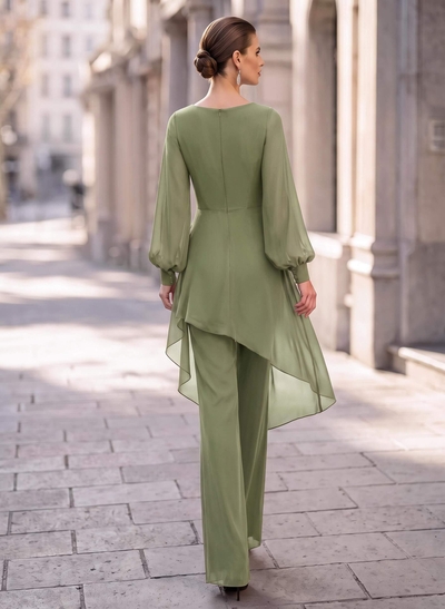 Jumpsuit/Pantsuit V-Neck Long Sleeves Floor-Length Chiffon Evening Dresses With Appliques Lace