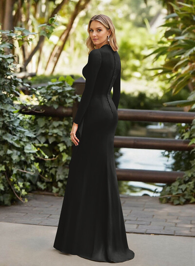 Trumpet/Mermaid Plunge Neck Long Sleeves Floor-Length Crepe Satin Evening Dresses With Flower(s)/High Split