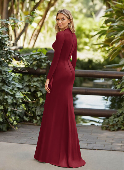 Trumpet/Mermaid Plunge Neck Long Sleeves Floor-Length Crepe Satin Evening Dresses With Flower(s)/High Split