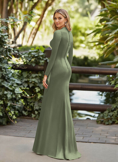 Trumpet/Mermaid Plunge Neck Long Sleeves Floor-Length Crepe Satin Evening Dresses With Flower(s)/High Split