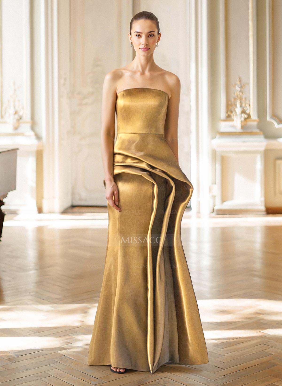 Elegant Strapless Sleeveless Mermaid Floor-Length Liquid Satin Evening Dresses With Ruffle/Pleated