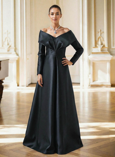 Elegant Off-The-Shoulder Long Sleeves A-Line Floor-Length Satin Evening Dresses With Pleated