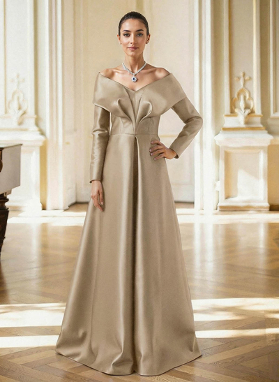 Elegant Off-The-Shoulder Long Sleeves A-Line Floor-Length Satin Evening Dresses With Pleated