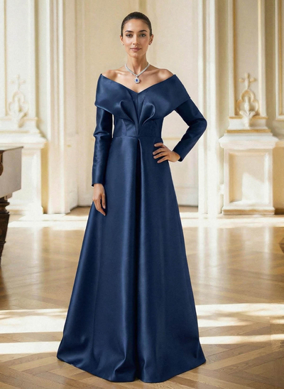 Elegant Off-The-Shoulder Long Sleeves A-Line Floor-Length Satin Evening Dresses With Pleated