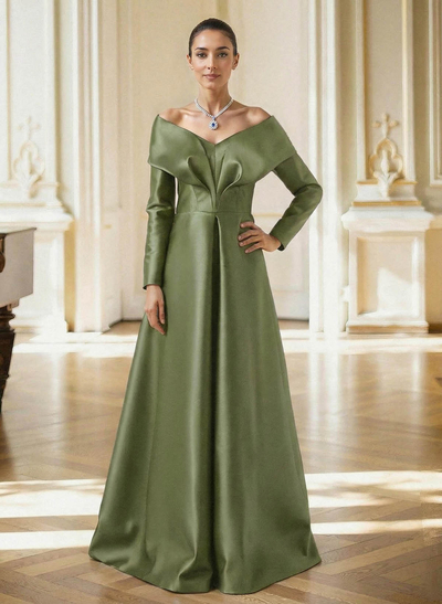Elegant Off-The-Shoulder Long Sleeves A-Line Floor-Length Satin Evening Dresses With Pleated
