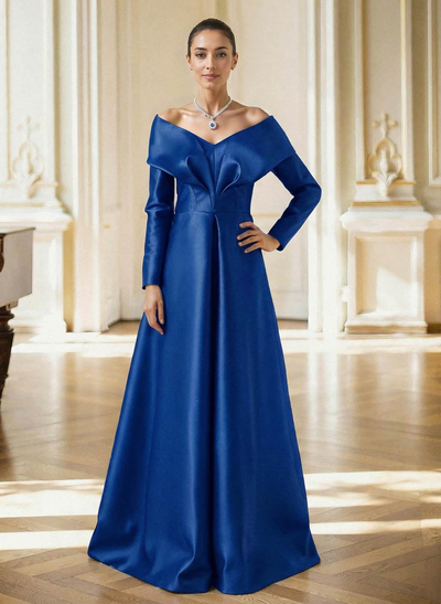 Elegant Off-The-Shoulder Long Sleeves A-Line Floor-Length Satin Evening Dresses With Pleated