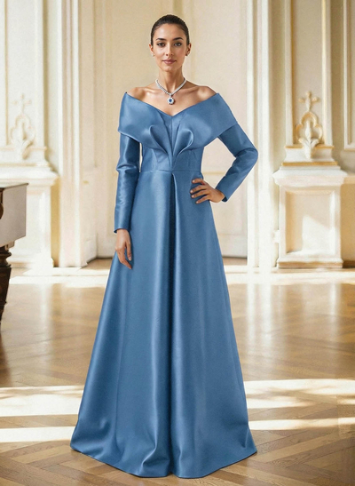 Elegant Off-The-Shoulder Long Sleeves A-Line Floor-Length Satin Evening Dresses With Pleated