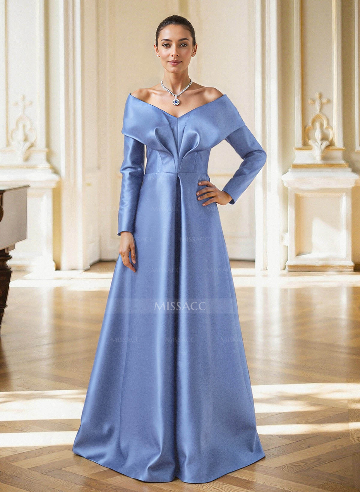 Elegant Off-The-Shoulder Long Sleeves A-Line Floor-Length Satin Evening Dresses With Pleated