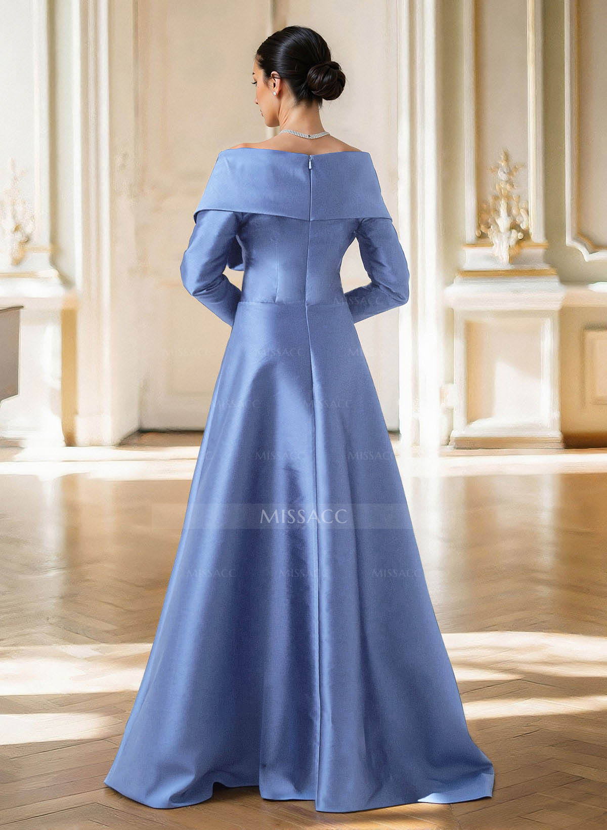 Elegant Off-The-Shoulder Long Sleeves A-Line Floor-Length Satin Evening Dresses With Pleated