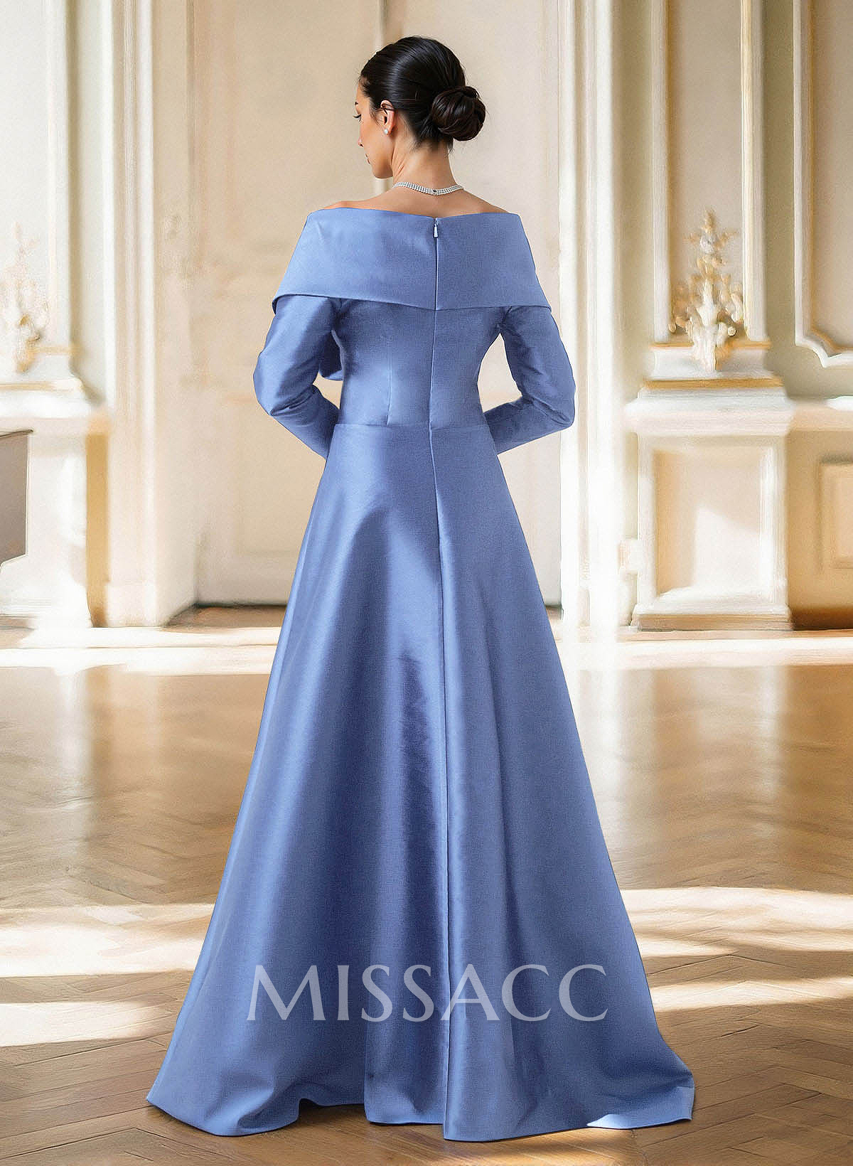Elegant Off-The-Shoulder Long Sleeves A-Line Floor-Length Satin Evening Dresses With Pleated