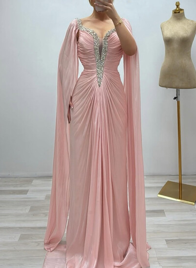 Elegant V-Neck Cape Sleeves Sweep Train Chiffon Evening Dresses With Pleated/Rhinestone