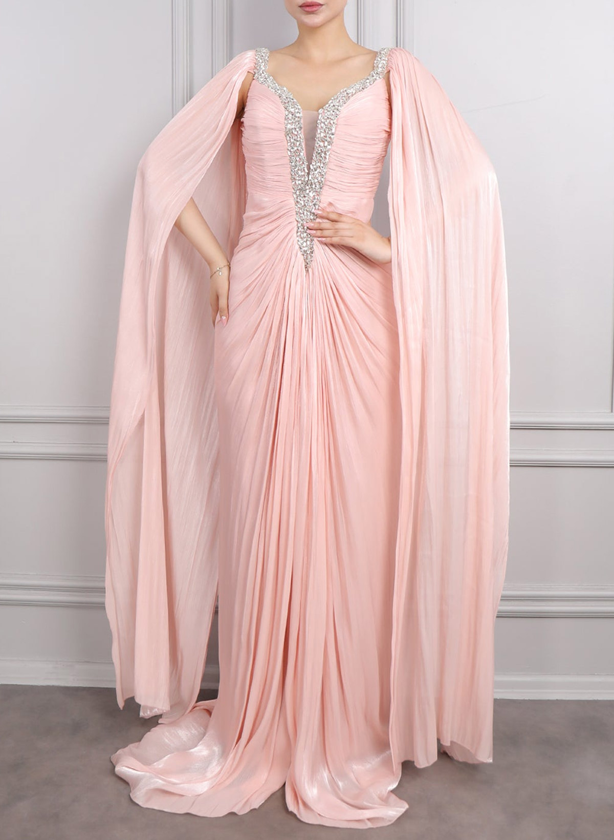 Elegant V-Neck Cape Sleeves Sweep Train Chiffon Evening Dresses With Pleated/Rhinestone