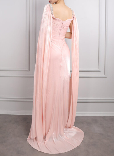 Elegant V-Neck Cape Sleeves Sweep Train Chiffon Evening Dresses With Pleated/Rhinestone