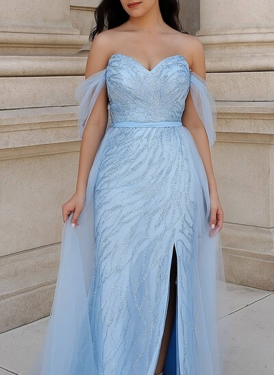 Sparkle & Shine Off-The-Shoulder/Sweetheart Detachable Train Lace/Tulle/Sequined Evening Dresses With High Split