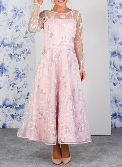 Elegant Scoop Neck/Illusion Neck Long Sleeves A-Line Ankle-Length Satin/Lace Evening Dresses