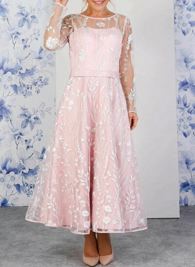 Elegant Scoop Neck/Illusion Neck Long Sleeves A-Line Ankle-Length Satin/Lace Evening Dresses