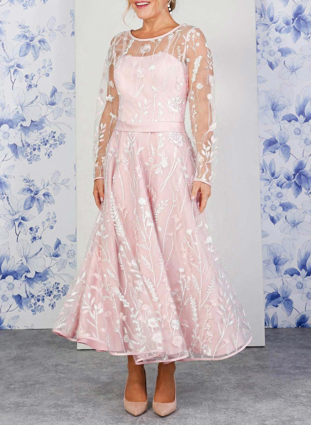 Elegant Scoop Neck/Illusion Neck Long Sleeves A-Line Ankle-Length Satin/Lace Evening Dresses