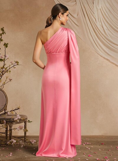 Sheath/Column One-Shoulder Sleeveless Floor-Length Silk Like Satin Evening Dresses With High Split