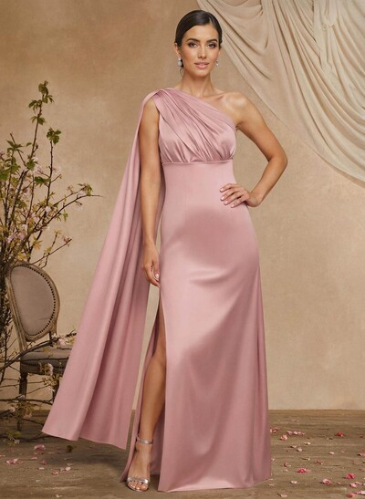 Sheath/Column One-Shoulder Sleeveless Floor-Length Silk Like Satin Evening Dresses With High Split
