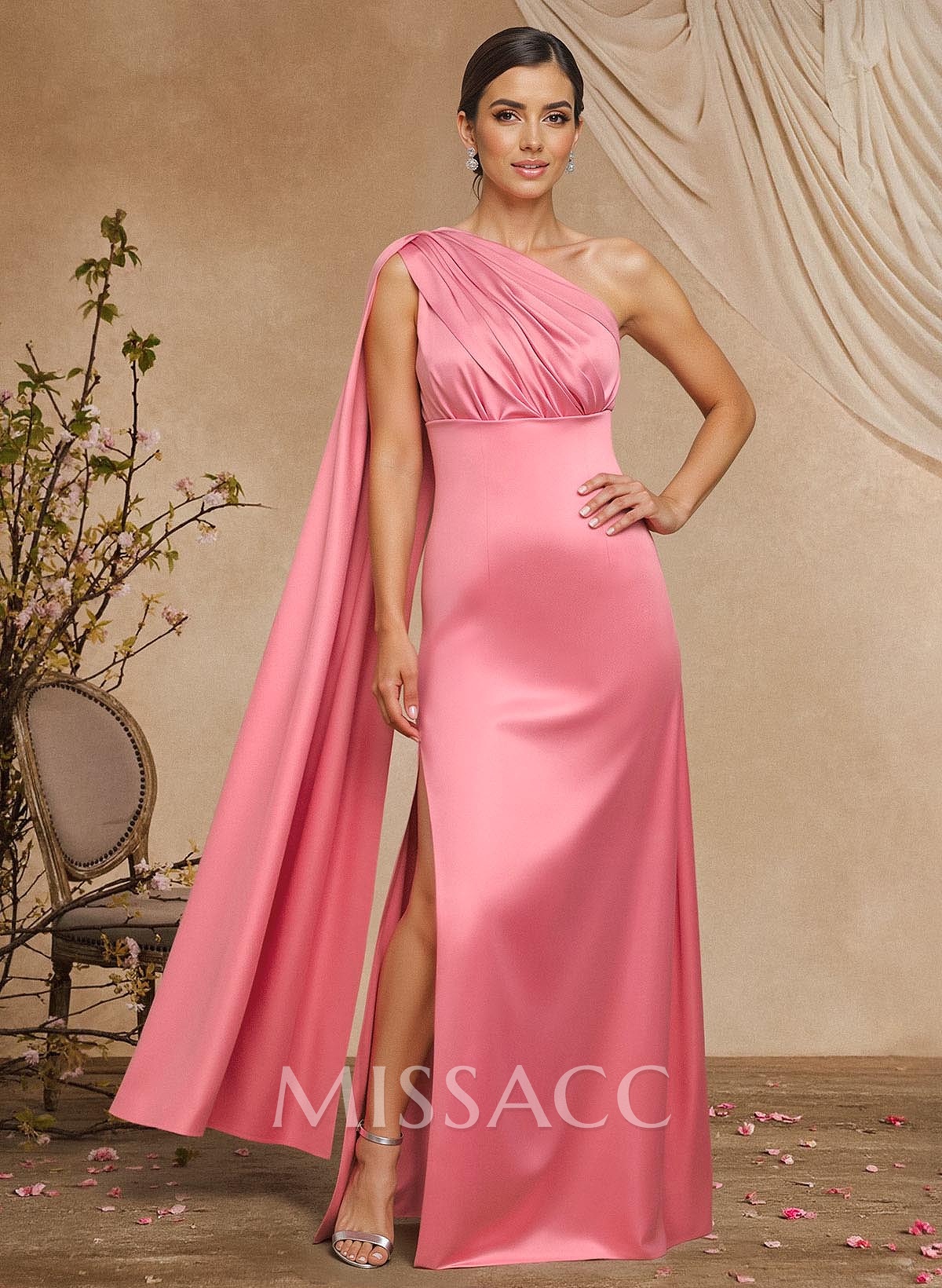 Sheath/Column One-Shoulder Sleeveless Floor-Length Silk Like Satin Evening Dresses With High Split