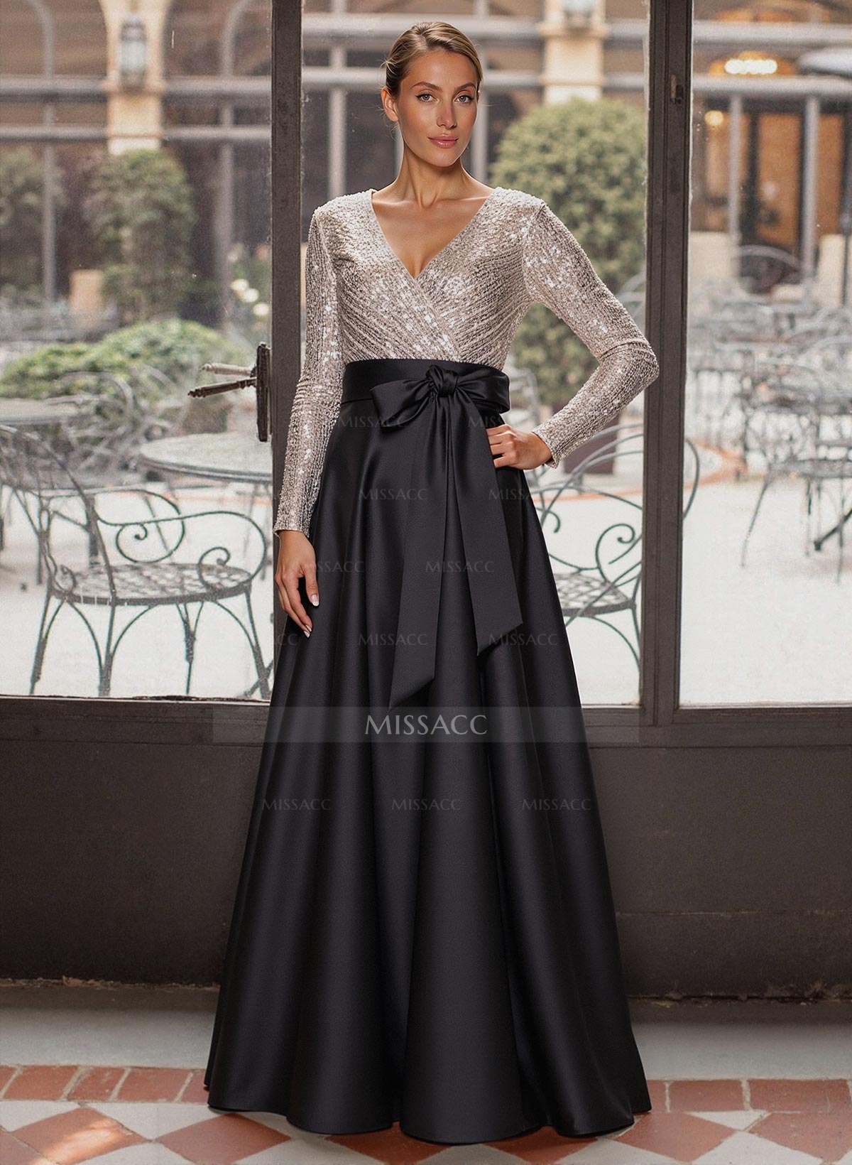 A-Line V-Neck Long Sleeves Floor-Length Satin(Non-Stretch) Evening Dresses With Bow(s)