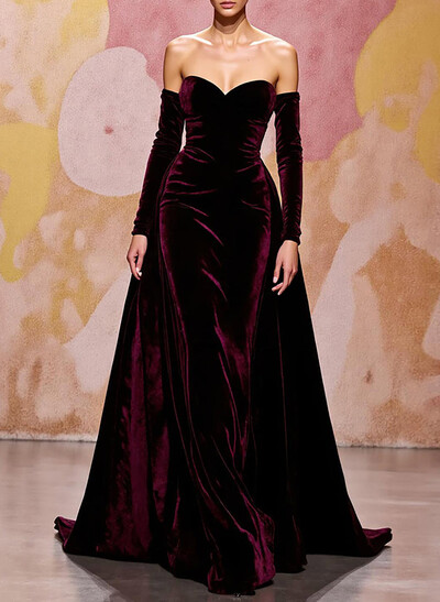 Elegant Sweetheart Detachable Sleeves Mermaid Sweep Train Velvet Evening Dresses With Overskirt Dress