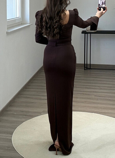 Elegant Square Neckline Long Sleeves Floor-Length Chiffon Evening Dresses