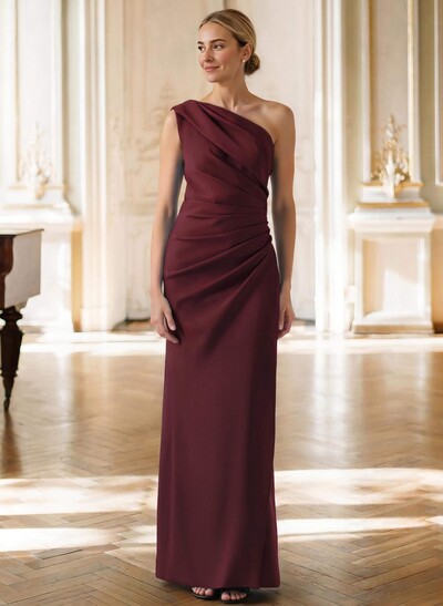 Sheath One-Shoulder Sleeveless Floor-Length Stretch Satin Evening Dress with Pleating