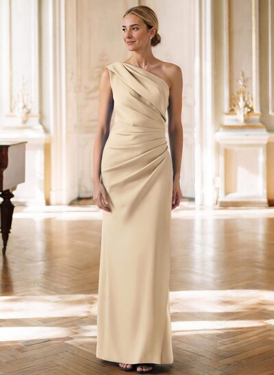 Sheath One-Shoulder Sleeveless Floor-Length Stretch Satin Evening Dress with Pleating