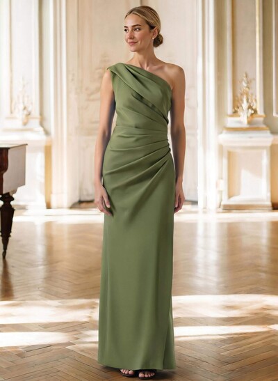 Sheath One-Shoulder Sleeveless Floor-Length Stretch Satin Evening Dress with Pleating