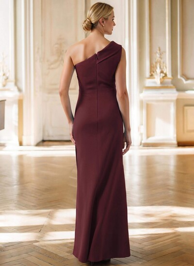 Sheath One-Shoulder Sleeveless Floor-Length Stretch Satin Evening Dress with Pleating