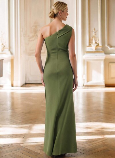 Sheath One-Shoulder Sleeveless Floor-Length Stretch Satin Evening Dress with Pleating