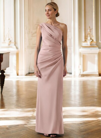 Sheath One-Shoulder Sleeveless Floor-Length Stretch Satin Evening Dress with Pleating