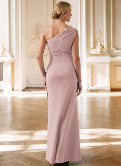 Sheath One-Shoulder Sleeveless Floor-Length Stretch Satin Evening Dress with Pleating