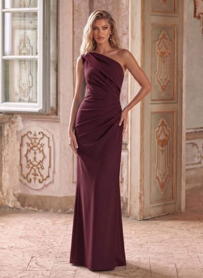 Sheath/Column One-Shoulder Sleeveless Floor-Length Elastic Satin Evening Dresses With Pleated