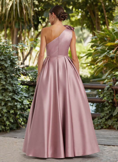 A-Line One-Shoulder Sleeveless Floor-Length Satin Evening Dresses With Pleated/Flower(s)