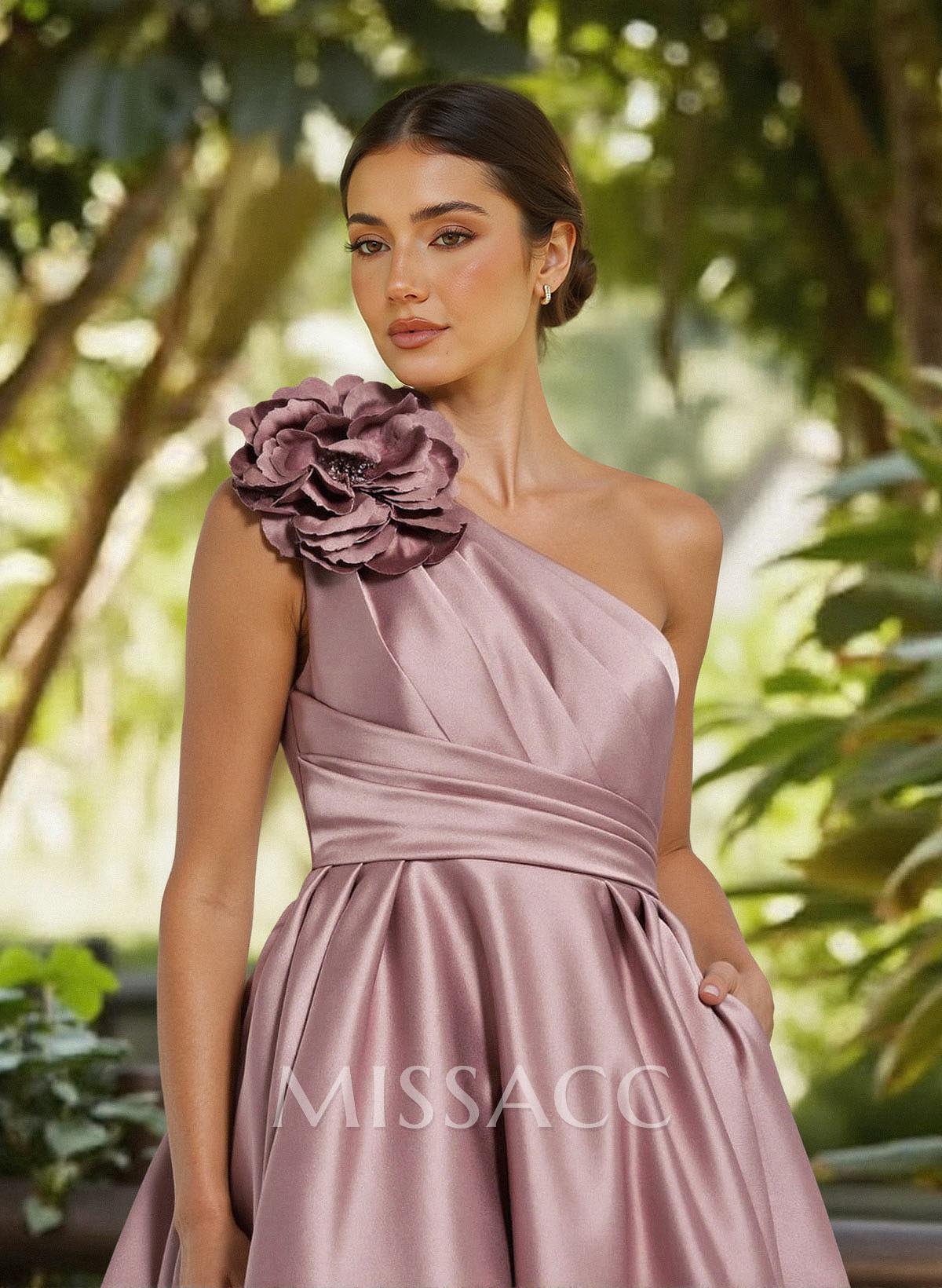 A-Line One-Shoulder Sleeveless Floor-Length Satin Evening Dresses With Pleated/Flower(s) A-Line One-Shoulder Sleeveless Floor-Length Satin Evening Dresses With Pleated/Flower(s)