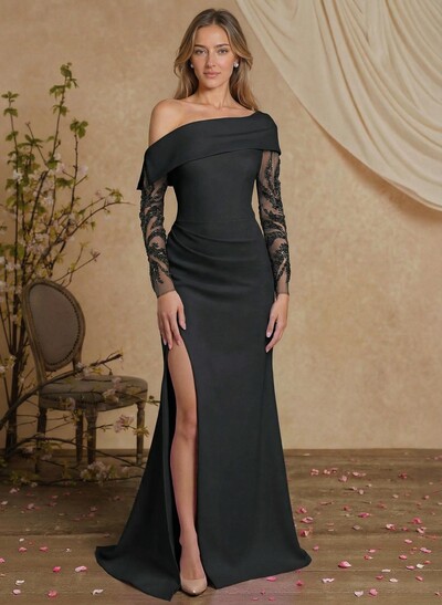 Sheath/Column Asymmetrical Long Sleeves Sweep Train Elastic SatinEvening Dresses With High Split