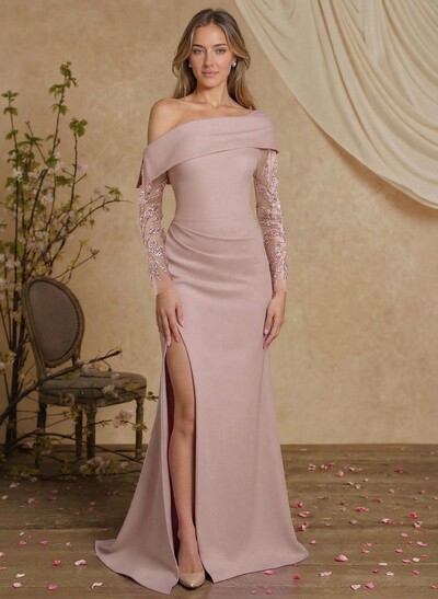 Sheath/Column Asymmetrical Long Sleeves Sweep Train Elastic SatinEvening Dresses With High Split
