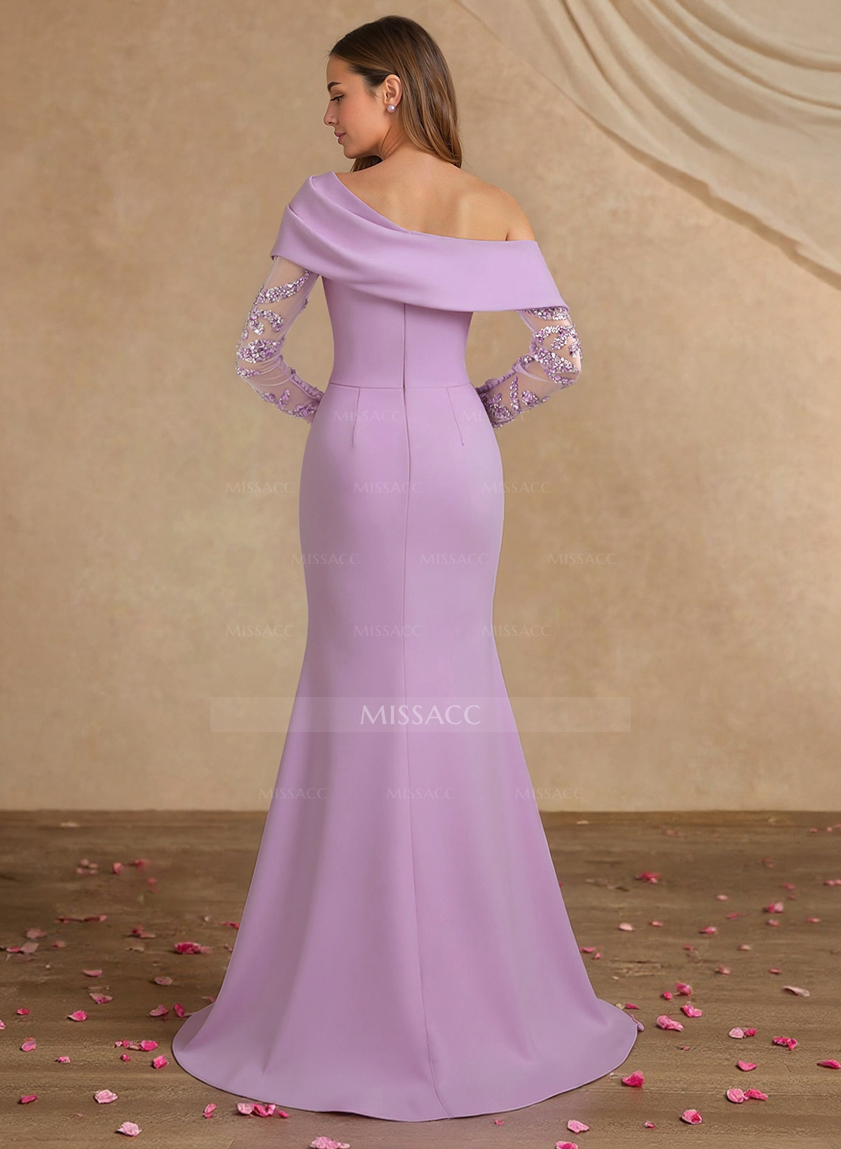 Sheath/Column Asymmetrical Long Sleeves Sweep Train Elastic SatinEvening Dresses With High Split