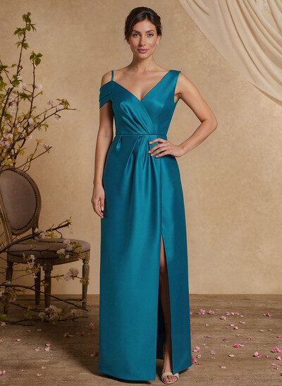 A-Line Asymmetrical Sleeveless Floor-Length Satin Evening Dresses With Pleated