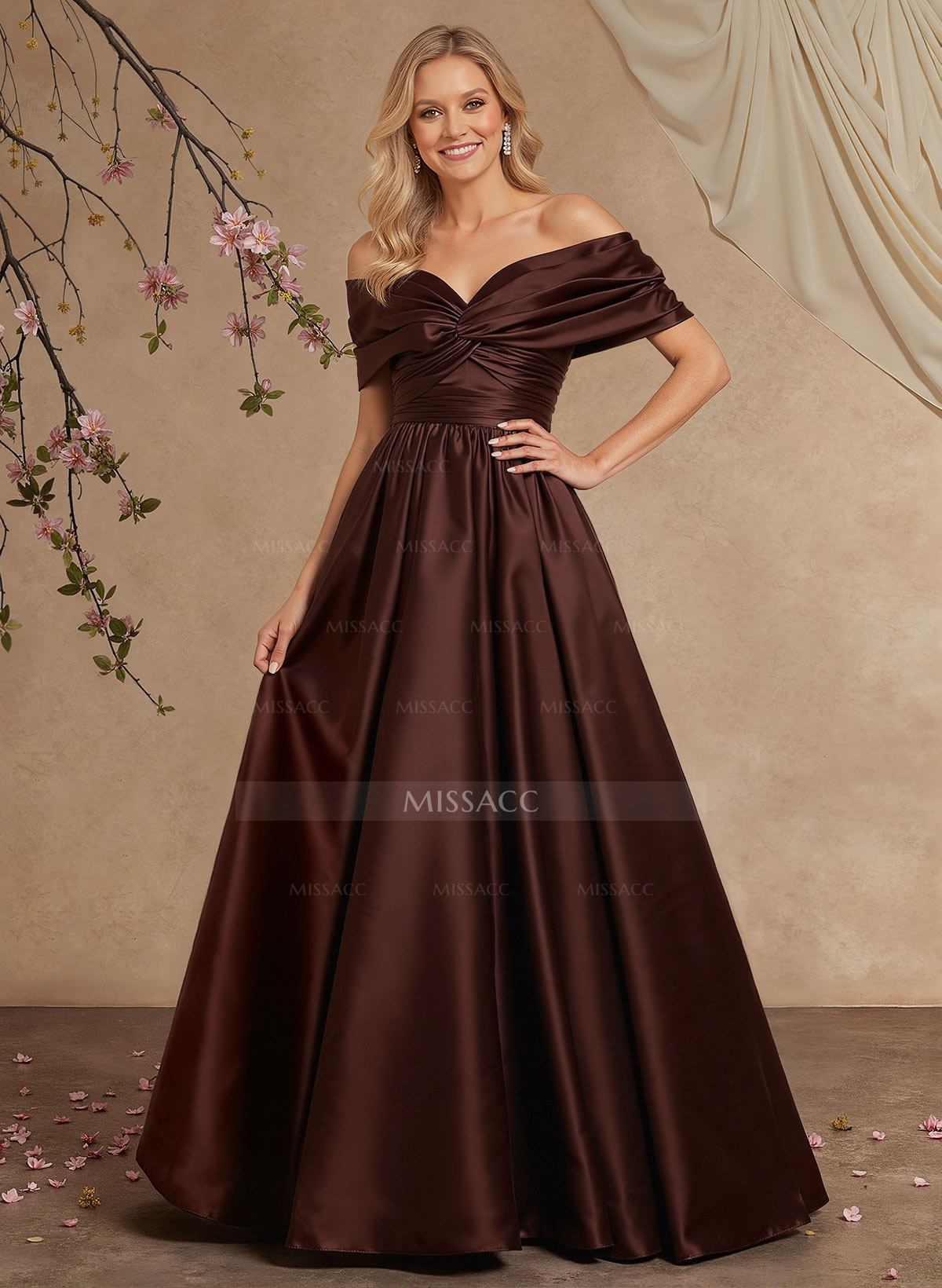 A-Line Off-The-Shoulder Sleeveless Floor-Length Satin Evening Dresses With Pleated